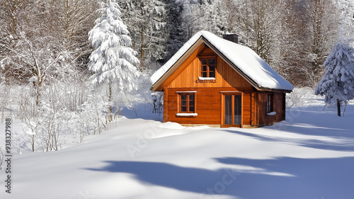 Wooden cabin in snow-covered winter forest.