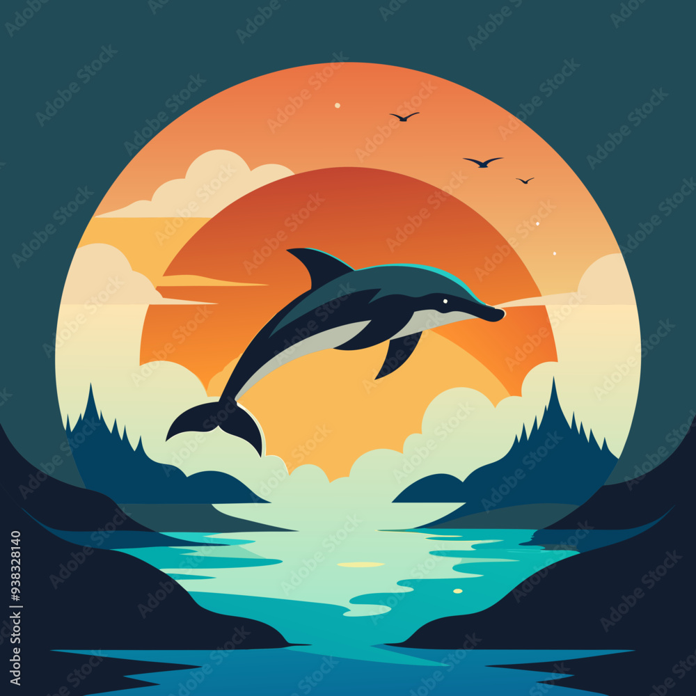 Obraz premium Playful Dolphins Leaping Over Waves with a Sunny Coastal Vibe art vector illustration