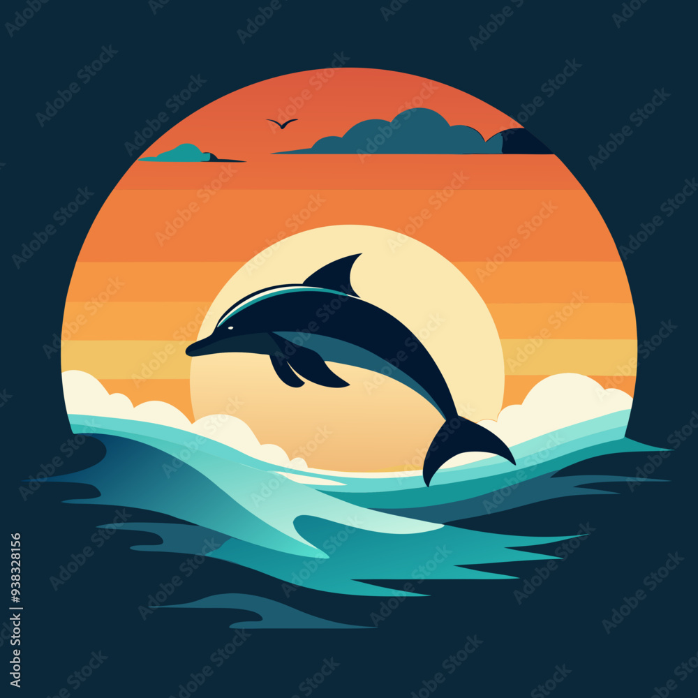 Obraz premium Playful Dolphins Leaping Over Waves with a Sunny Coastal Vibe art vector illustration