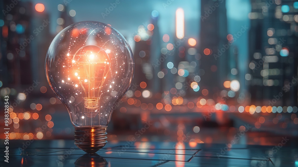 Illuminated light bulb with a city skyline background representing innovation. Illuminated light bulb with a city skyline background representing innovation.