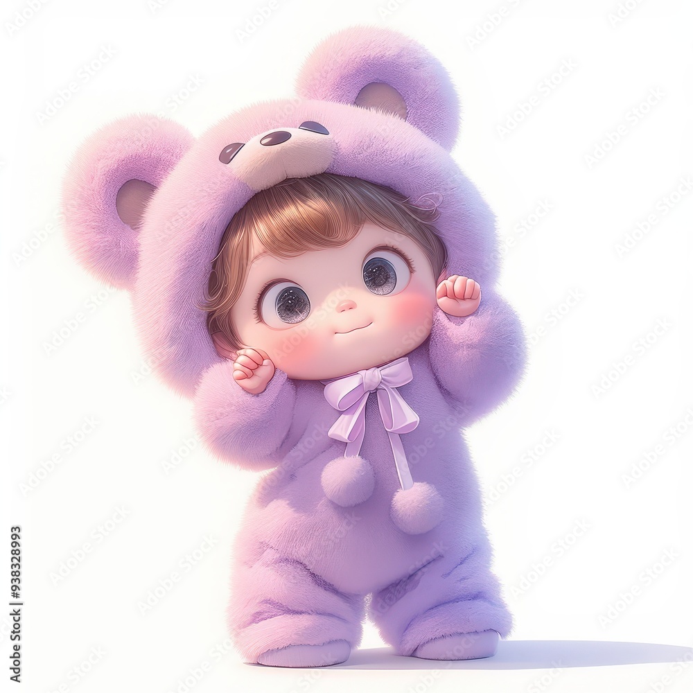 Cute cartoon baby girl wearing a purple bear costume with a bow and pom-poms, standing on a white background. Cute cartoon baby girl wearing a purple bear costume with a bow and pom-poms, standing on a white background.