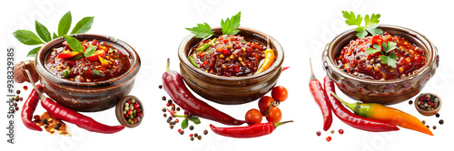 Set of bowl of rich red hot sauce nestled among vibrant fiery peppers and colorful spices isolated on a transparent background