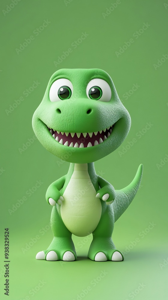 Green Cartoon Dinosaur with Big Eyes and a Grin