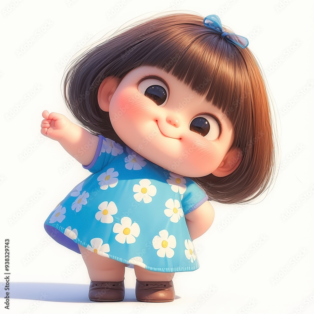 Adorable cartoon baby girl with brown hair wearing a blue floral dress and brown shoes, smiling and holding her arm up. Adorable cartoon baby girl with brown hair wearing a blue floral dress and brown shoes, smiling and holding her arm up.