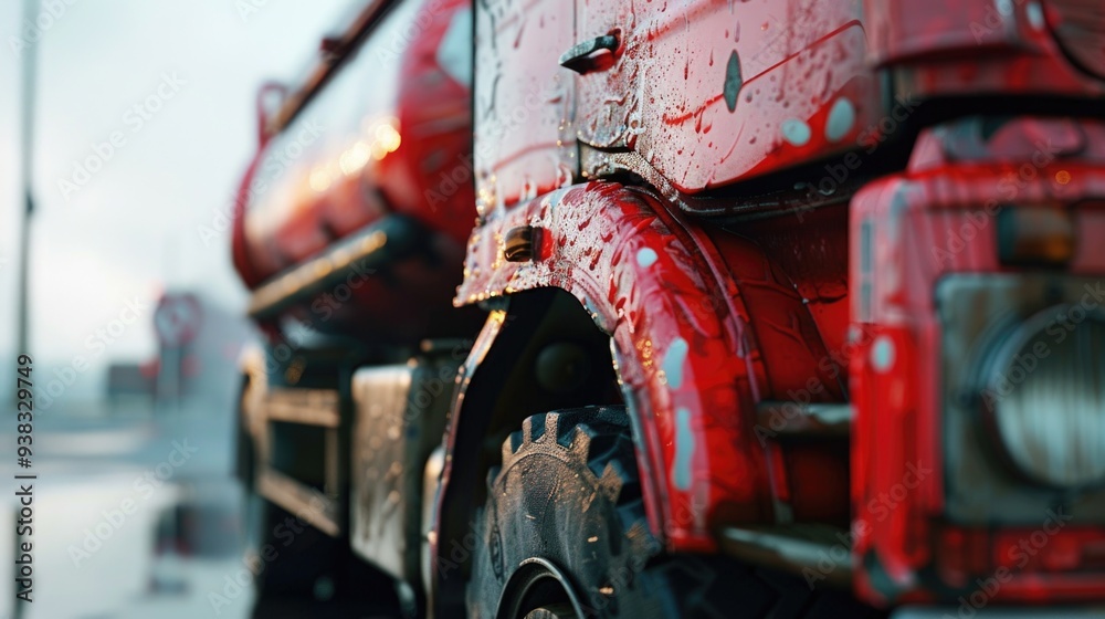 Fototapeta premium A red pickup truck parked on the edge of a road, possibly awaiting maintenance or repair