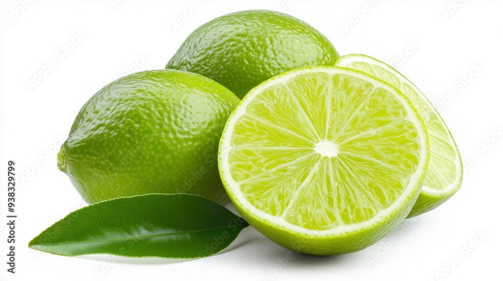 Fresh green limes and a slice with a green leaf isolated on a white background. Fresh green limes and a slice with a green leaf isolated on a white background.