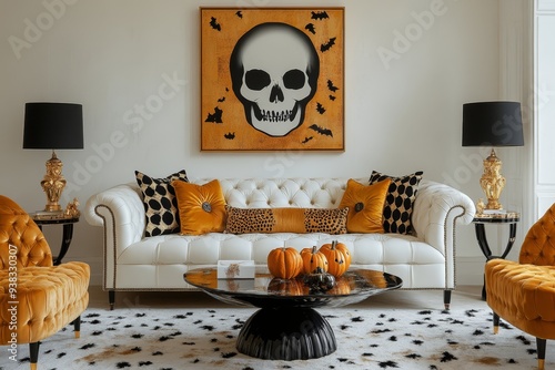 Modern chic white living room decorated for Halloween with skull art and stylish accents photo