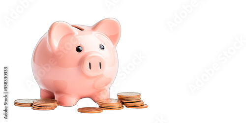 Pink piggy bank surrounded by scattered coins, isolated on a white background with a transparent background. Concept: saving money and financial planning. Suitable for finance, banking, and budgeting 
