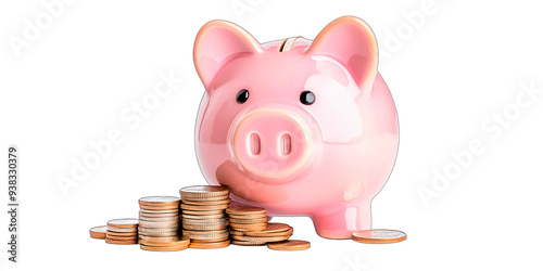 Pink piggy bank surrounded by scattered coins, isolated on a white background with a transparent background. Concept: saving money and financial planning. Suitable for finance, banking, and budgeting 