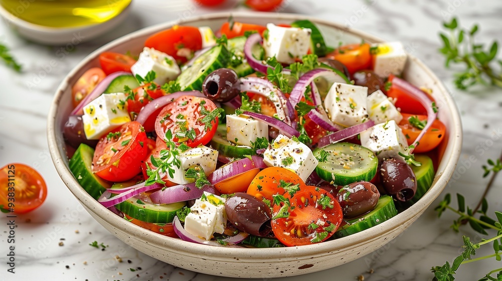 A Greek salad with cucumber slices, cherry tomatoes, red onions, olives, and cubes of feta cheese, all drizzled with olive oil and oregano in simple white bowl o A Greek salad with cucumber slices, cherry tomatoes, red onions, olives, and cubes of feta cheese, all drizzled with olive oil and oregano in simple white bowl o