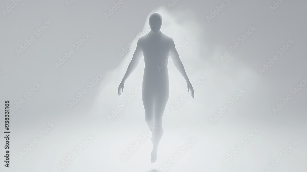 Ethereal Ghostly Figure Floating in Air on White Background Ethereal Ghostly Figure Floating in Air on White Background