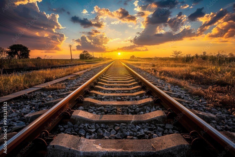 Fototapeta premium A train track with a beautiful sunset in the background