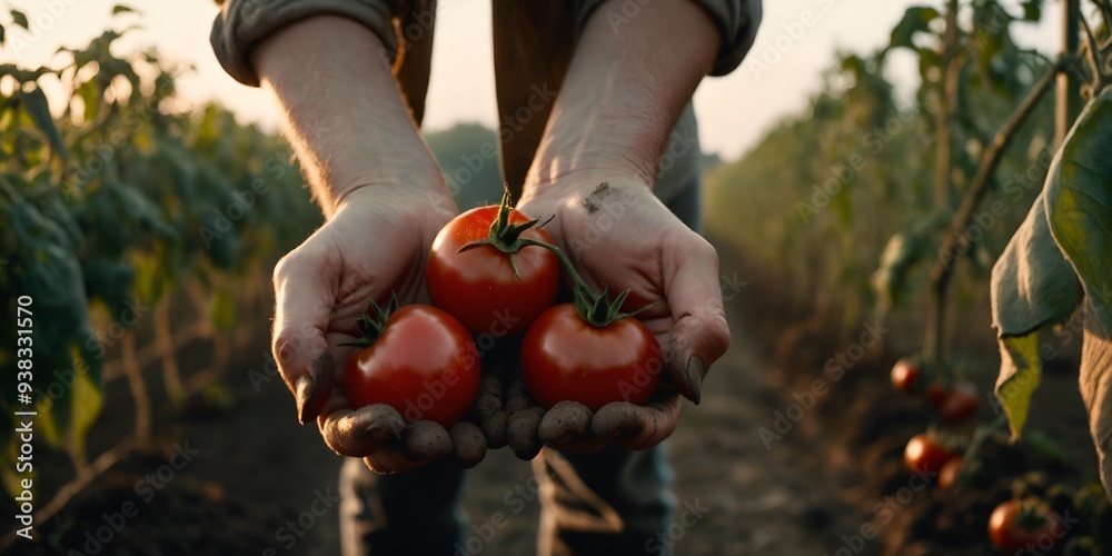 Fototapeta premium Hands with tomatoes against field. Harvesting vegetables