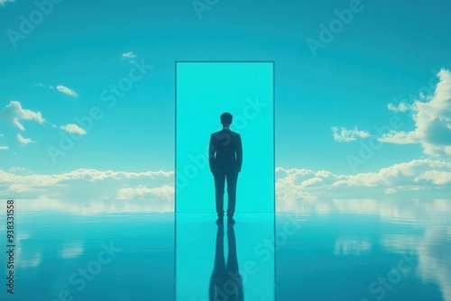 Silhouette of a man standing in a futuristic doorway against a cloudy sky, symbolizing opportunities, transitions, and future possibilities.