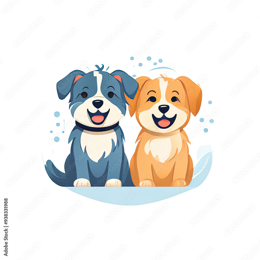 Two cartoon dogs sitting side by side, smiling and looking at the viewer. Two cartoon dogs sitting side by side, smiling and looking at the viewer.