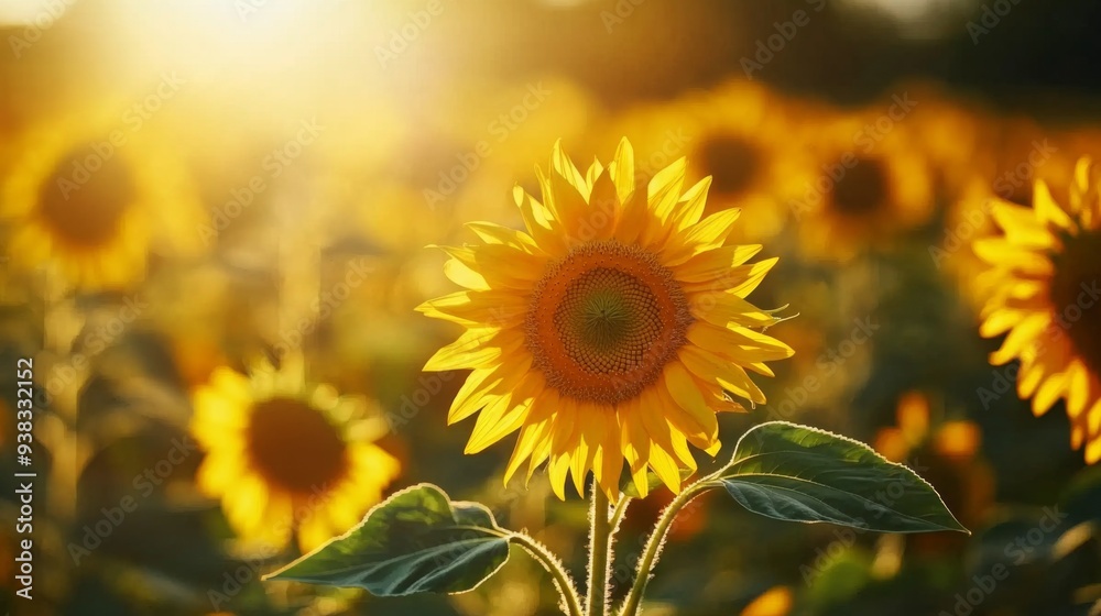 Fototapeta premium Close-up of a field of blooming sunflowers, with the sun casting a warm glow on their bright yellow petals