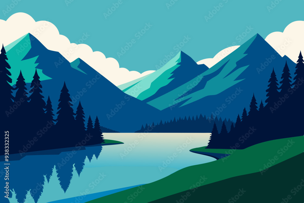 Serene Mountain Lake Framed by Lush Trees and Grass art vector illustration Serene Mountain Lake Framed by Lush Trees and Grass art vector illustration