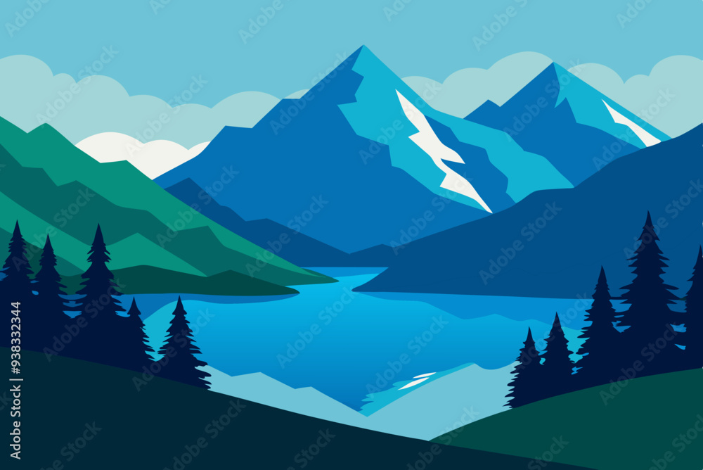 Fototapeta premium Serene Mountain Lake Framed by Lush Trees and Grass art vector illustration