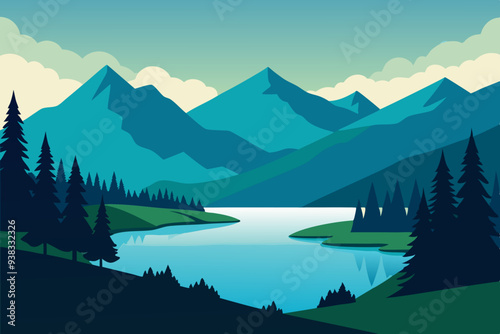Serene Mountain Lake Framed by Lush Trees and Grass art vector illustration