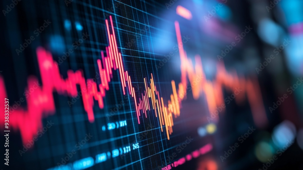 Close-up of a financial chart featuring real-time stock prices and market volatility indicators on a screen Close-up of a financial chart featuring real-time stock prices and market volatility indicators on a screen