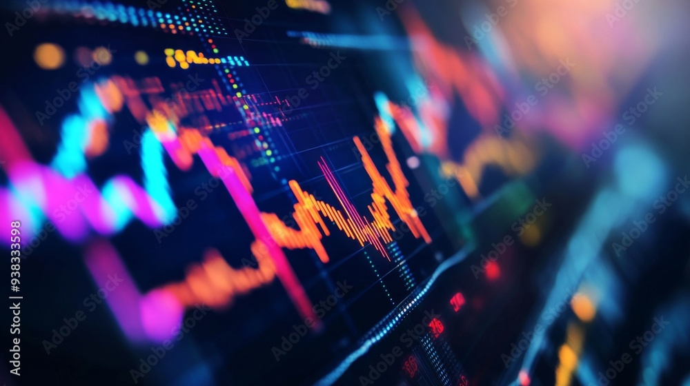 Close-up of a financial graph with fluctuating stock market trends and colorful line charts on a digital screen Close-up of a financial graph with fluctuating stock market trends and colorful line charts on a digital screen