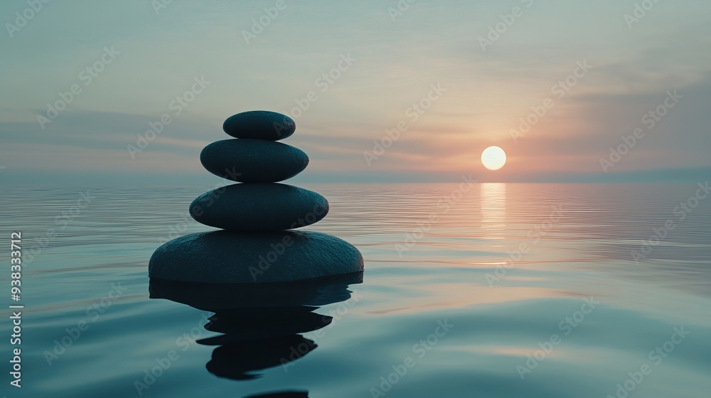 Stack of dark stones podium in calm ocean with evening sun with horizon - tranquil scenery Stack of dark stones podium in calm ocean with evening sun with horizon - tranquil scenery