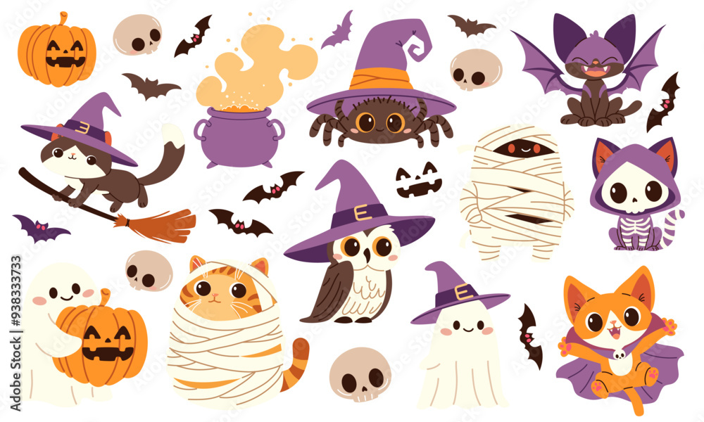 Vector set of cute Halloween illustrations. Cats in different costumes mummy spider ghosts dracula witch owl bat skeletons pumpkin. . Vector illustration Vector set of cute Halloween illustrations. Cats in different costumes mummy spider ghosts dracula witch owl bat skeletons pumpkin. . Vector illustration