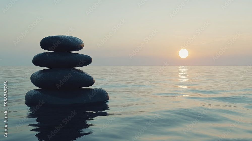 Stack of dark stones podium in calm ocean with evening sun with horizon - tranquil scenery Stack of dark stones podium in calm ocean with evening sun with horizon - tranquil scenery