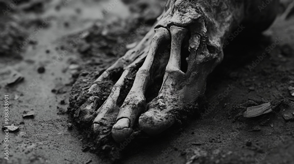 Close-up of a foot stepping on the ground, emphasizing the arch and bone structure