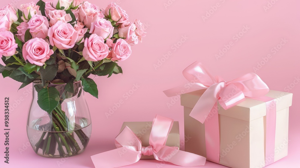 Place the pink roses in a clear or neutral-colored vase beside the gift box, ensuring both items are arranged symmetrically for a balanced and elegant display. Place the pink roses in a clear or neutral-colored vase beside the gift box, ensuring both items are arranged symmetrically for a balanced and elegant display.