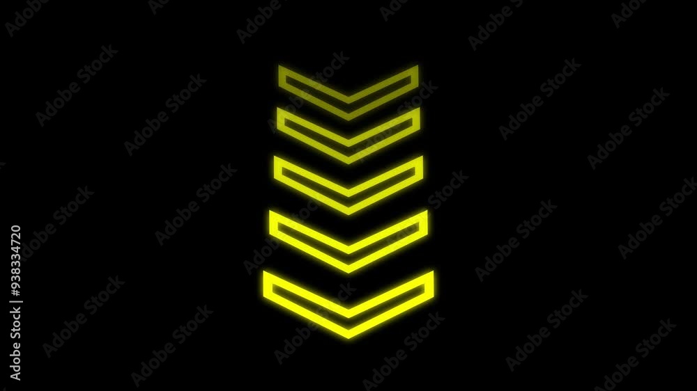 Yellow Neon Arrows with Downward Motion Disappearing on Black Background Animation