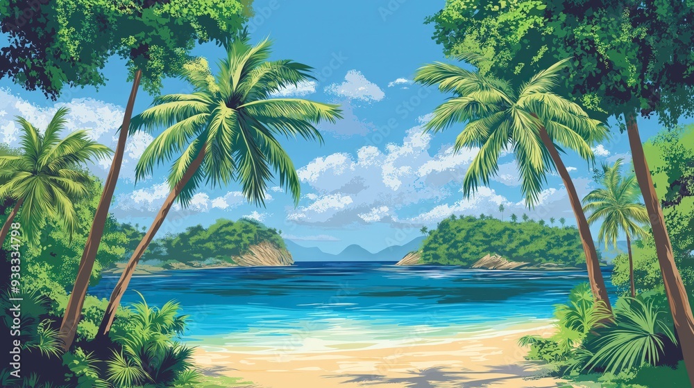 Lush tropical landscape with palm trees, a sandy beach, and a calm turquoise sea. Lush tropical landscape with palm trees, a sandy beach, and a calm turquoise sea.