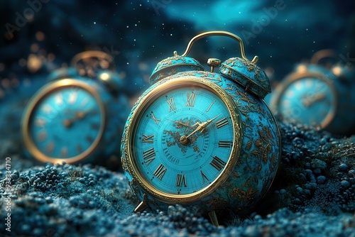 Vintage alarm clocks resting underwater, symbolizing lost time or forgotten memories in a surreal aquatic environment. photo