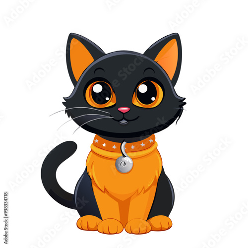 Playful and Attractive Cartoon Black Cat in Costume with Purple and Orange Colors, Perfect for Children's Halloween Theme, Friendly and Quirky Illustration Ideal for Kid-Friendly Festive Decorat