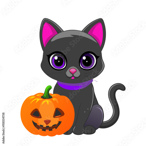 Glowing Black Cat Eyes in Vibrant Purple and Orange Colors: Playful and Attractive Cartoon Illustration Ideal for Children's Halloween Theme with a Friendly and Quirky Design, Perfect for Festive Cele