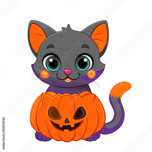 Glowing Black Cat Eyes in Vibrant Purple and Orange Colors: Playful and Attractive Cartoon Illustration Ideal for Children's Halloween Theme with a Friendly and Quirky Design, Perfect for Festive Cele