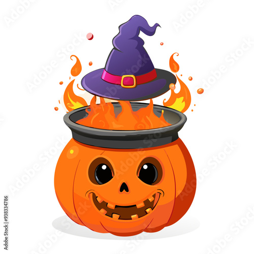 Playful and Magical Black Magic Cartoon Illustration in Vibrant Purple and Orange Colors, Ideal for Children's Halloween Theme with a Friendly and Quirky Design, Perfect for Festive and Spooky Celebra