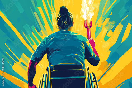 Paralympians in a wheelchair with an Olympic torch, illustration
