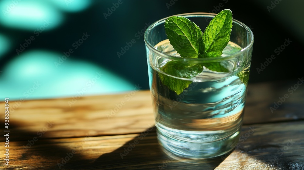 Close-up of a glass of still water with a mint leaf floating on top Close-up of a glass of still water with a mint leaf floating on top