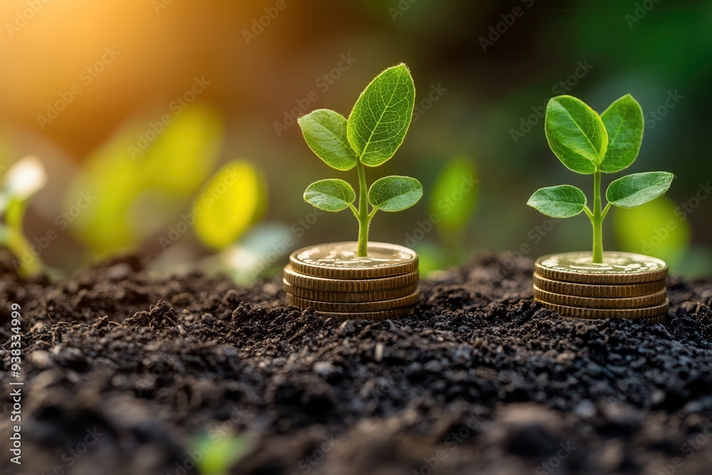 Young plants sprouting from stacks of coins, symbolizing financial growth and investment in sustainable future. Young plants sprouting from stacks of coins, symbolizing financial growth and investment in sustainable future.