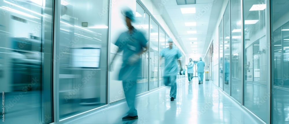 Blurred view of a hospital corridor with medical professionals in motion, highlighting the active and urgent environment of healthcare Blurred view of a hospital corridor with medical professionals in motion, highlighting the active and urgent environment of healthcare