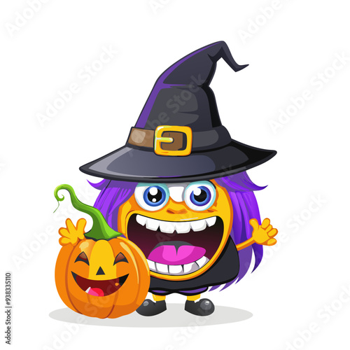 Playful Cackling Witch in Vibrant Purple and Orange Colors: Attractive Cartoon Illustration Ideal for Children's Halloween Theme, Featuring Friendly and Quirky Design for Festive Celebrations.