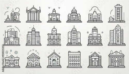 A set of line icons representing various buildings such as homes, offices, banks, schools, hotels, shops, universities, cities, real estate, and hospitals. #938335353