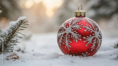 ornate rubyred glass bauble reflecting a winter wonderland scene suspended against a pristine white backdrop intricate frost patterns etched on its surface photo