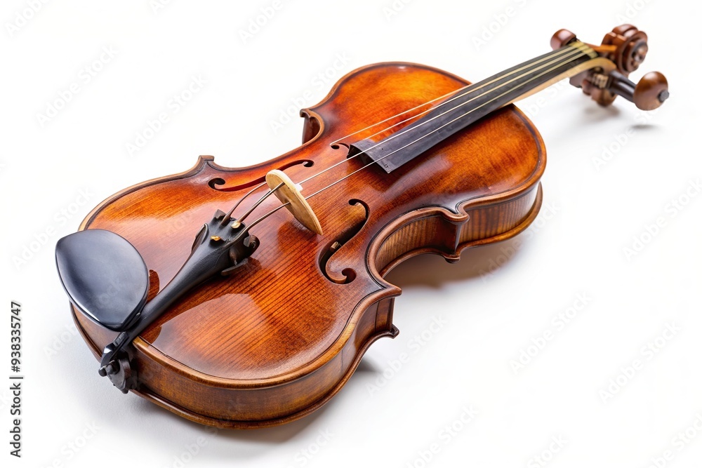 Fototapeta premium Antique wooden violin exuding rich texture and detailed craftsmanship presented in forced perspective against a white background, harmonic, sound, string, rich texture