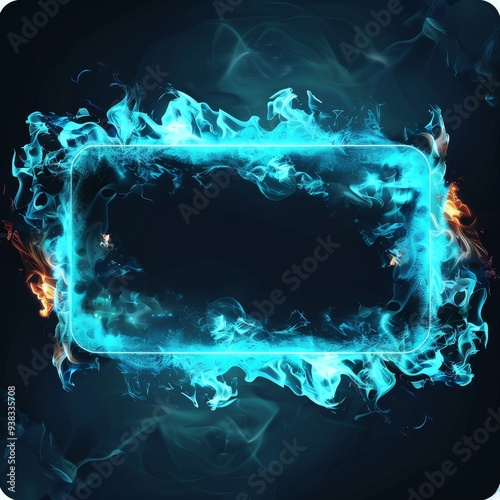 Image of bright blue flames creating a glowing rectangular frame on a dark background, showcasing dynamic and energetic elements. photo