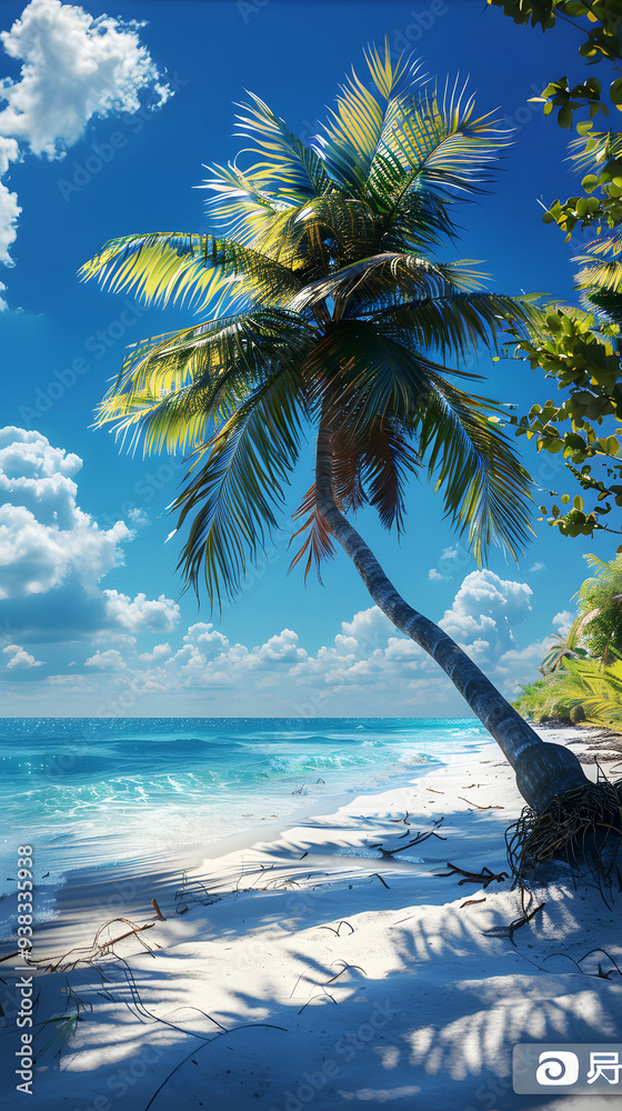 Fototapeta premium Tropical Paradise: Palm Trees, Coconut Tree, Sandy Beach, and Blue Sky for Summer Travel and Vacation Vibes Sunny Weather for iPhone Mobile HD Wallpaper. Portrait Vertical Sea Beach with Big Tree