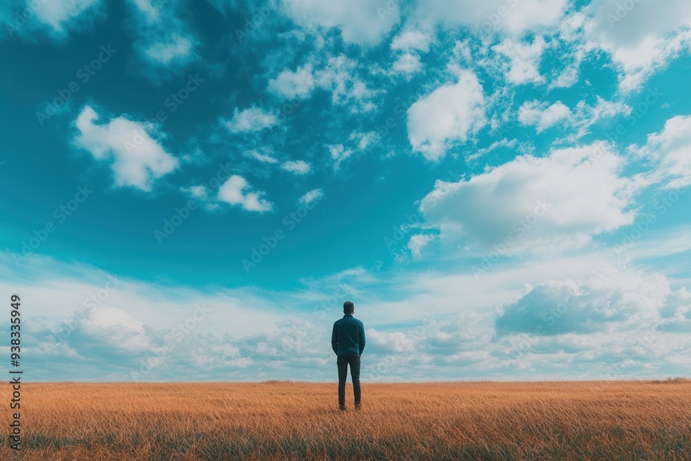 A person stands alone in an expansive field under a vast, cloudy sky, embodying solitude and nature's beauty. A person stands alone in an expansive field under a vast, cloudy sky, embodying solitude and nature's beauty.