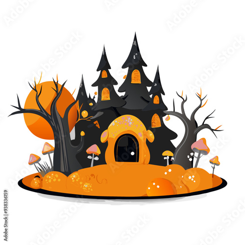 Playful and Enchanting Cartoon Illustration of an Enchanted Forest in Vibrant Purple and Orange Colors, Perfect for Children's Halloween Themes with Friendly and Quirky Design Ideal for Magical 