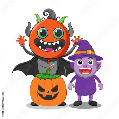 Playful and Attractive Cartoon Illustration in Vibrant Purple and Orange Colors, Perfect for Children's Halloween Themes with Friendly and Quirky Design Ideal for Spooky yet Fun Festive Decorations